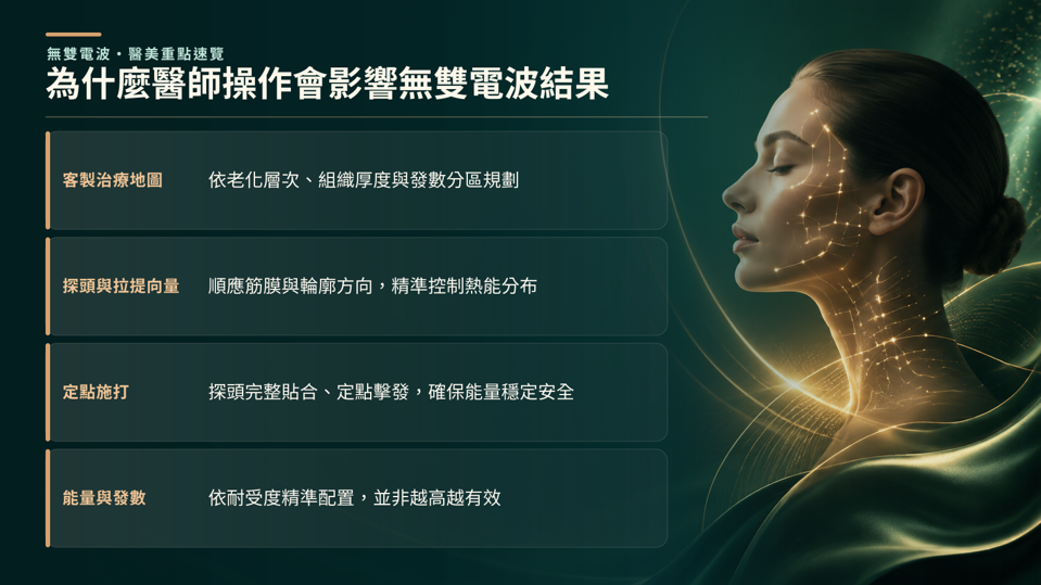為什麼醫師操作會影響無雙電波結果,無雙電波的效果不只取決於儀器與發數,更仰賴醫師依臉部結構規劃能量、施打位置與拉提方向。 專業操作能精準加強鬆弛部位並避開風險區域,因此同樣療程也可能產生不同結果。